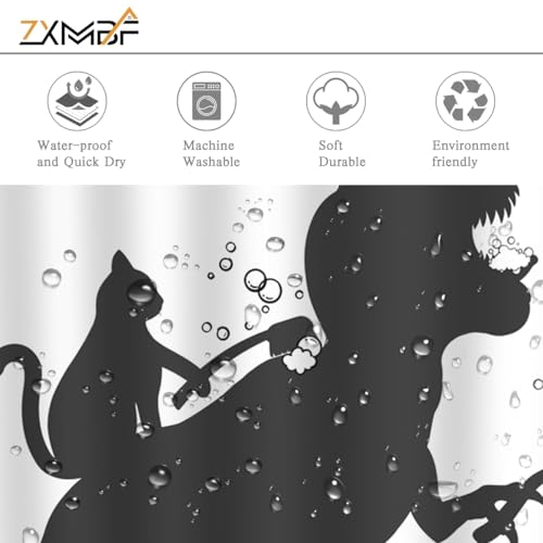 Image of Cat Dinosaur Shower Curtain Funny Cartoon Cat Dino Bathe for Kids Boys Trex Silhouette Shadow Black White Design Artwork Bathroom Decor Waterproof Fabric 72Lx72W Inch with Hooks
