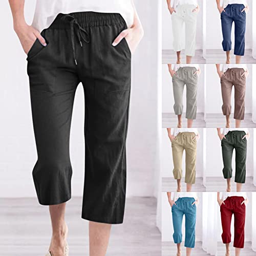 Jlfnya Wide Leg Crop Pants For Women,Womens Capri 2023 Summer Cotton Linen Solid Casual Cropped Trousers Elastric Waist Drawstring Pockets Beach Capris，Comfy Work Pants Women #TOP5