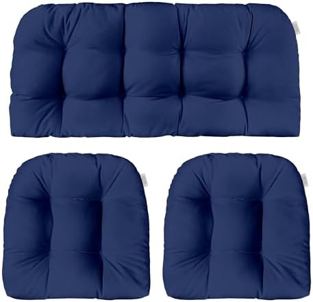 RSH DECOR: 3-Piece Wicker Tufted Cushion Set | 41” x 19" & 19" x 19" | All-Weather Spun Fabric | Water Resistant | Outdoor Loveseat & U-Shape Cushions for Patio Furniture | Navy Blue