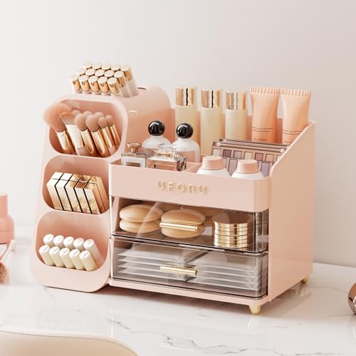 Image of UFORU Makeup Organizer for Vanity with Brush Holder, Large Capacity Bathroom Countertop Skincare Organizer with 2 Drawers, Cosmetic Display Case for Perfumes, Eyeshadow Palettes, Nail Polishes