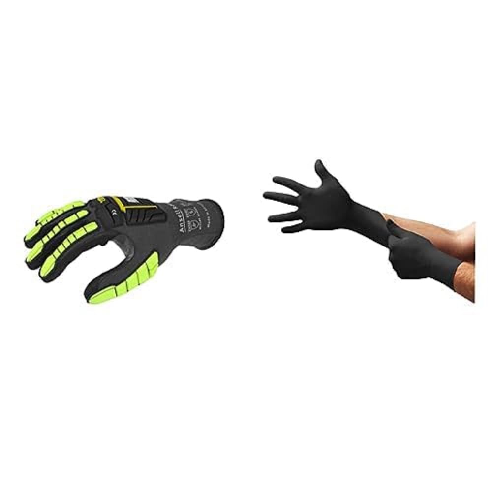 Ringers R840 Guantes de Trabajo, Revestimiento de Nitrilo, Negro, Talla XL (4 Pares) + MicroFlex 93-852 Guantes Desechables, Protección Química y Mecánica, Negro, Talla XL (100 Guantes)