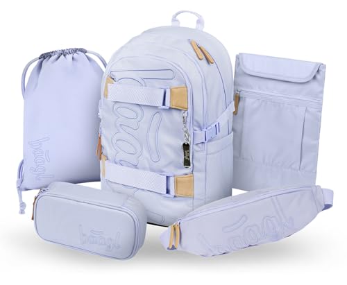 Baagl Schulrucksack Set Mädchen 5 Teilig, Skateboard Rucksack, Schultasche ab 3. Klasse, Grundschule Ranzen mit Brustgurt, Ergonomischer Schulranzen, 25 l (Lilac)