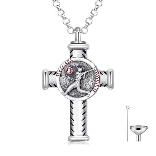 PROESS Sports Urn Necklace for Ashes Sterling Silver Sports Cremation Football Basketball Baseball Cross Pendant Jewelry for Women Men Sport Lover