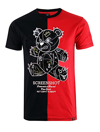 SCREENSHOT-S11113 Mens Hip-Hop Ultra Premium Quality Tee - Shiny Cartoon Teddy Bear Patch Embroidery Gel Print T-Shirt-Black/Red-Medium
