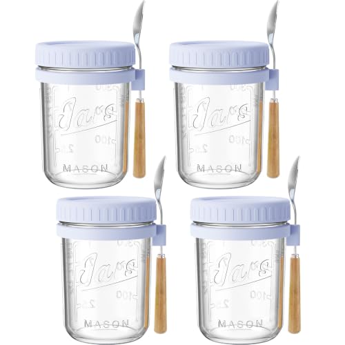 Image of 16oz Glass Overnight Oats Containers with Lids and Spoons, 4 Pack Purple