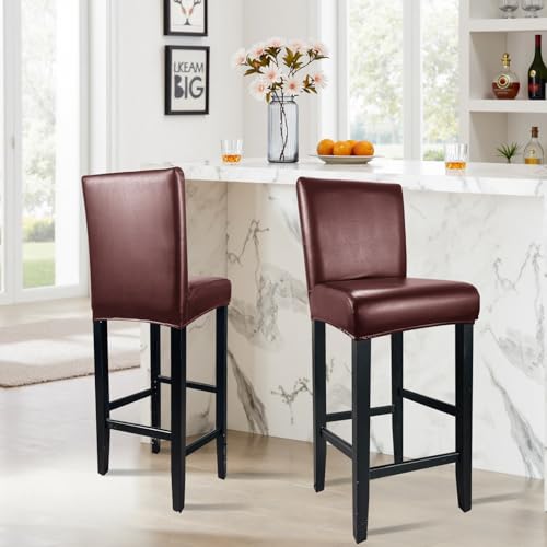 Image of PU Leather Bar Stool Covers with Backs Waterproof Bar Stool Chair Covers | Washable, Wipeable, Thick, Counter Chair Cover, Height Chair Slipcovers, Chair Protector For Pub /Cafe /Dining, Red