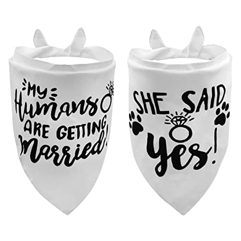 2PCS White My Humans are Getting Married She Said Yes Dog Wedding Engagement Bandana, LMSHOWOWO Dog Bandana Wedding Engagement Announcement Gifts Pet Scarf Accessories for Dog Lovers, Bridal Shower Cover