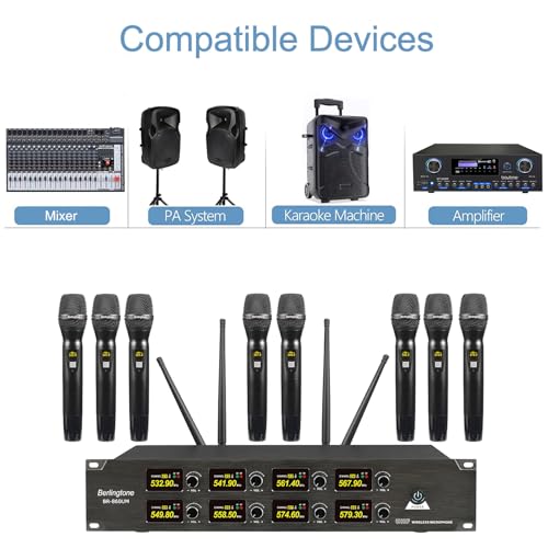 Sistema inalámbrico profesional de micrófonos UHF de 8 canales, micrófonos dinámicos metálicos sin cable, alcance de 262 pies, ideal para karaoke, iglesia, canto, DJ y fiestas (BR-860UM) miniatura 5