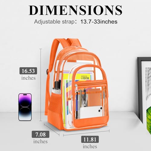 Clear Backpack, Heavy Duty PVC Transparent Backpack with Reinforced Straps, See Through Multiple Pockets Large Capacity Bookbag for Concert Work Security Travel Festival (Orange)2