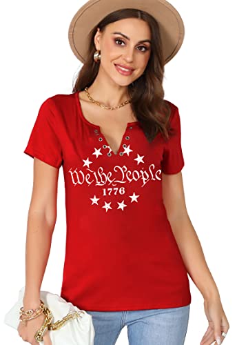 YI XIANG RAN American Flag Shirt Tops Womens 4th of July T-Shirts Ring Hole Short Sleeve V-Neck Patriotic Tees (Red3, X-Large)