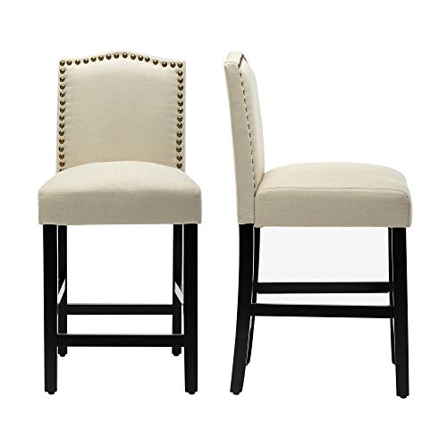 Lssbought Counter Stools,24 Inches Upholstered Bar Chairs With Solid Wood Legs And Nailed Trim Set Of 2 (Beige) #TOP25