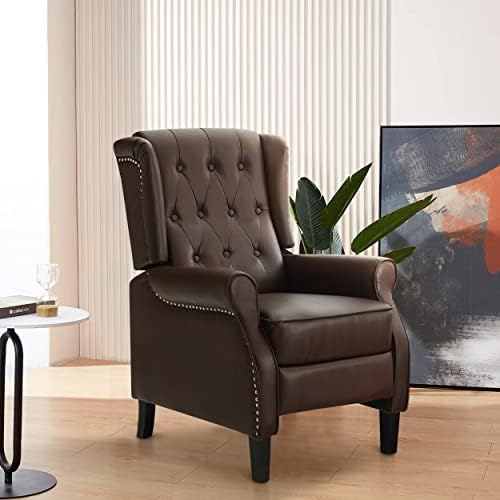 LEISLAND Wingback Chair Recliner Tufted Faux Leather Push Back for Living Room, Mid-Century Modern Accent Chair Office Chair with Solid Wood Frame, Footrest and Nailhead Trim and Wood Legs (Brown)