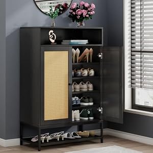 Rattan Shoe Organizer with Doors Shoe Storage Cabinet with Adjustable Shelves for Entryway 7 Tier Entryway Shoe Rack Storage for Hallway Closet Living Room