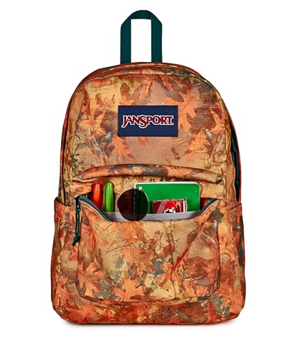 Image of JanSport SuperBreak Plus Backpack with Padded 15-inch Laptop Sleeve and Integrated Bottle Pocket - Spacious and Durable Daypack for Work and Travel, Bogcore Camo Orange /Rust /Teal