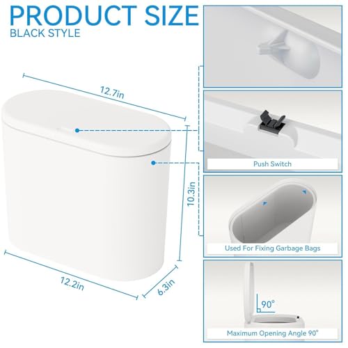White 12 Liter Rectangular Plastic Small Garbage Can With Lid,2 Pack 3.17 Gallon Slim Bathroom Trash Can with Lid and Dog Proof Garbage Can and Wastebasket,Lidded Trashcan for Bedroom,Rv,Dorm,Office by Yieach - Image 2