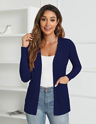 Tralilbee Women's Open Front Casual Knit Cardigan Classic Long Sleeve Sweater Coat, Navy Blue, L #TOP1