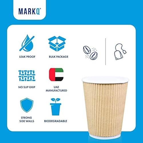 MARKQ 12 oz. Brown Disposable Ripple Insulated Coffee Cups - Hot Beverage Corrugated Paper Cups [25 Cups]