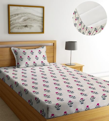 Image of NHD HOME Premium Microfiber Elastic Fitted Bedsheets with 1 King Size Pillow Covers | Single Mattress Bed with All Around Elastic 200 TC Supersoft | Size - 72 x 36 +6 inches |White Pink & Black