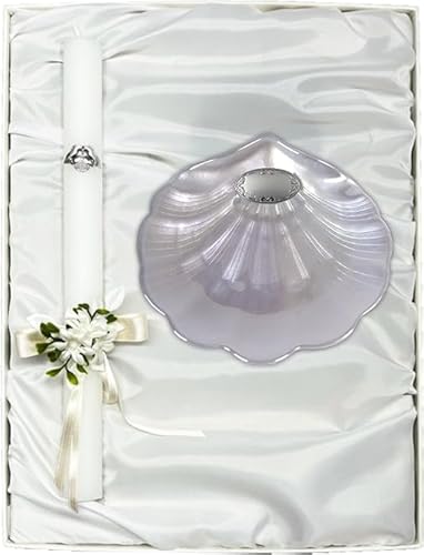 Estuche de Bautizo de Vela con Lazo y Concha. Con apliques Laminados en Plata de Ley 925‰ y Personalizado. (09450)
