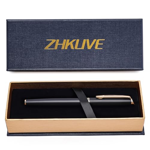 ZHKUVE Luxury Rollerball Pen, Stunning Black Lacquer with 24K Gold Trim, Switzerland Tip with Black Ink Refills, Elegant Gift Set for Men & Women, Executive Writing