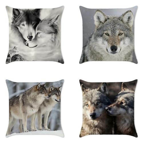 MEILIHEN Lot de 4 housses de coussin décoratives en lin - 45 x 45 cm - Motif loup gris - Pour canapé, canapé, extérieur