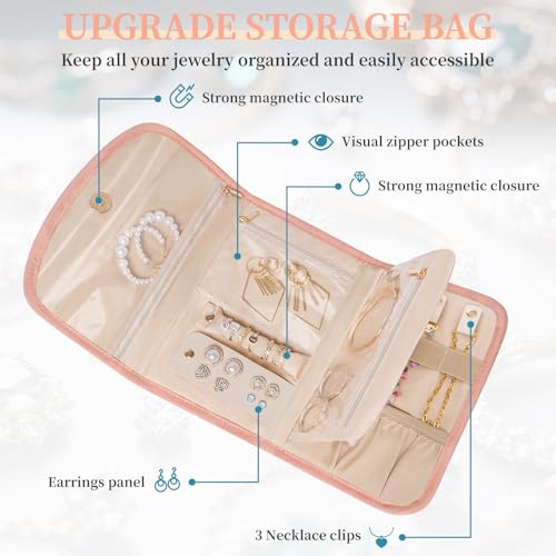Image of Travel Jewelry Holder Organizer Case, Foldable Jewelry Roll Storage Bag for Necklaces Rings Earrings Bracelets, Large, Pink