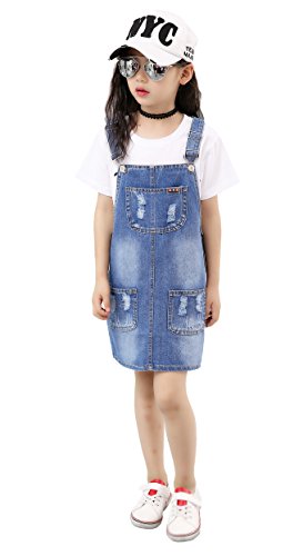 KIDSCOOL SPACE Mono de jean para niñas, peto de denim ajustable y rasgado, azul, 8-9 años