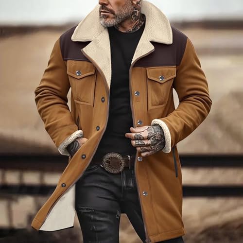 Men's Faux Shearling Sherpa Lined Overcoat Retro Faux Suede Trench Coat Notched Collar Pea Coat Button Down Outerwear2