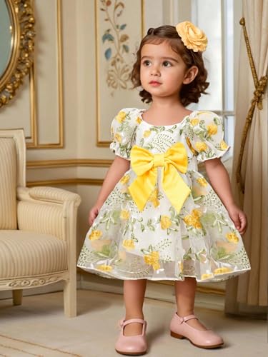 Image of Tagas Girls' Knee-Length Dress|Elegant Floral Embroidered Baby Girl Party Dress with Bow|Soft Net Layered Frock for Birthday, Wedding & Festive Occasions|Comfortable & Stylish