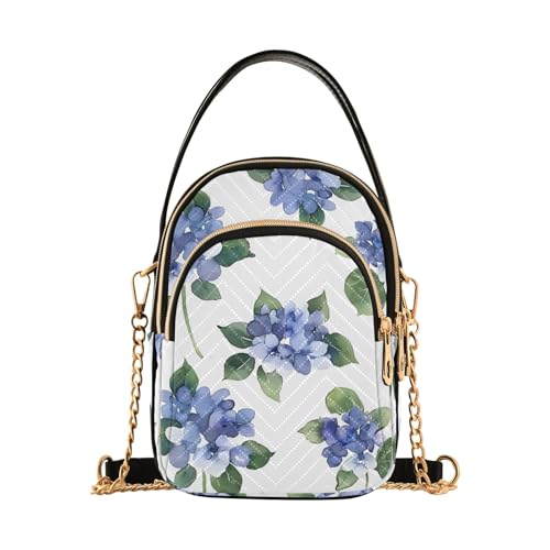 Chain Crossbody Bags for Women Watercolor Blue Hydrangeas Pattern Quilted Shoulder Handbags Travel Cross Body Cell Phone Purses Bags