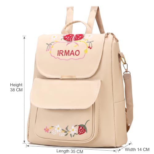 Image of IRMAO Women's Embroidered PU Leather Backpack | Stylish College Bag for Women & Girls | Multi-Purpose Office, Travel & Casual Backpack with Shoulder Straps (Strawberry)