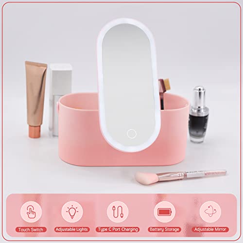 Mlogiroa Makeup Organizer Box With Mirror Portable Makeup Case Cosmetic Storage Box With 3 Colors Dimmable Lighted Mirror Pink Multi-Purpose With Handle For Bedroom Camping Business Travel #TOP1