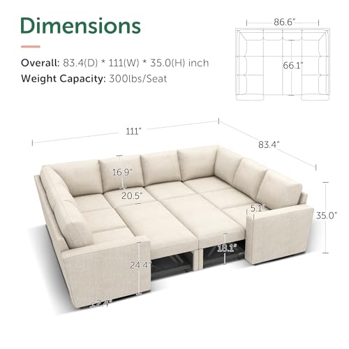 Image of HONBAY Sleeper Sectional Couch with Pull Out Bed, Modular Sofa with Storage Seats, U Shaped Sectional Couches for Living Room, Beige