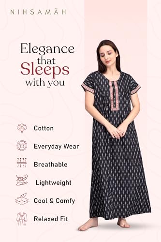 Image of NIHSAMAH Cotton Nighty for Women with Pocket, Premium Printed Long Nighty | Comfortable & Fancy Sleepwear /Nightwear