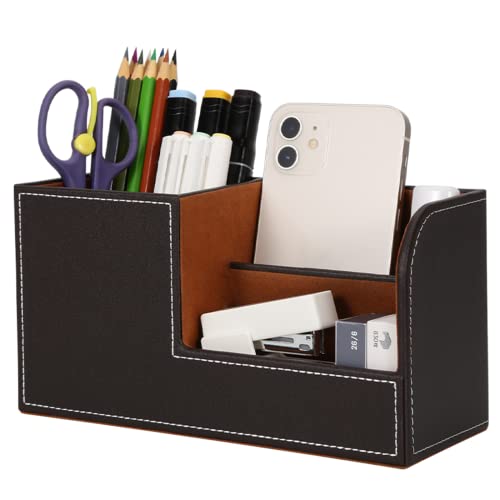 GORESE Organisateur de Bureau, Rangement de Bureau en Cuir Pot à Crayons Porte-Stylo Peu Encombrant, 3 Compartiments de Stylos, Agrafeuses, Dossiers, Notes...