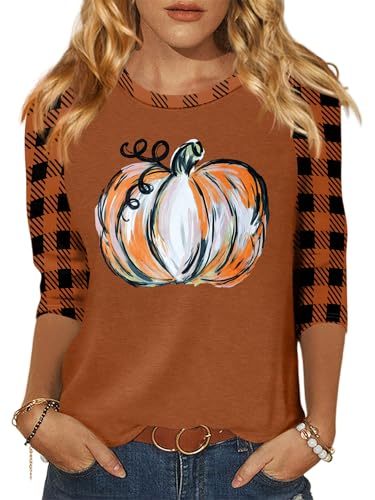 Halloween Shirts Women: Pumpkin T-Shirt Funny Pumpkin Graphic Tee Fall Plaid Long Sleeve Autumn Tops — view 2