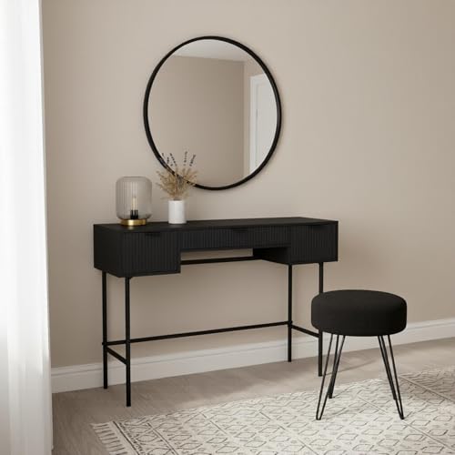 OHS Dressing Table Ribbed Wooden Vanity Table with 3 Drawers Decorative Drawer Organiser with Metal Frame Modern Makeup Desk for Bedroom Black - 110 x 35 x 75cm