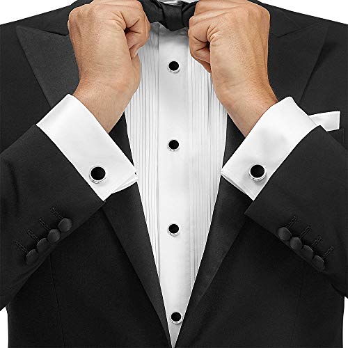 Image of Men's Black Onyx Cufflink & Tuxedo Shirt Stud Set, 16mm Rhodium-Plated Brass, Elegant Gift Box