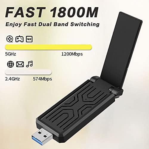 Adaptador WiFi para PC de escritorio, adaptador USB WiFi 6, 1800Mbps, 2.4G/574Mbps, 5G/1201Mbps, antena de doble banda 5dBi de alta ganancia, WPA3, compatible con Windows11/10