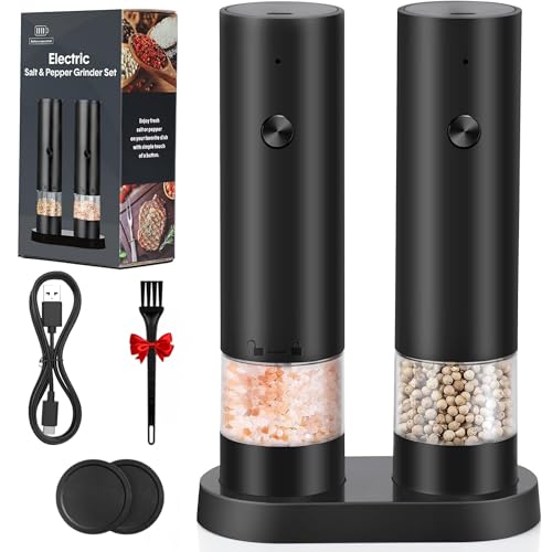 Rechargeable Electric Salt and Pepper Grinder Set USB Automatic Pepper Mill with Ceramic Grinding Core Adjustable Coarseness One Button Operation Dust Cover & Storage Base (Black)