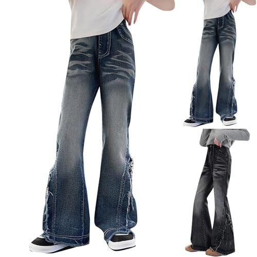 Flare Ripped Jeans for Teen Girls Retro High Waist Bottom Denim Pants Kids Trendy Straight Leg Trousers with Pockets