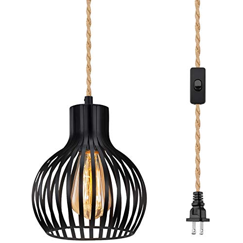 Hanging Lights with Plug in Cord, Licperron Industrial Style Plug in Pendant Light, Metal Wire Cage Plug in Hanging Light with 13 FT Plug in Cord for Kitchen Dining Room Bedroom