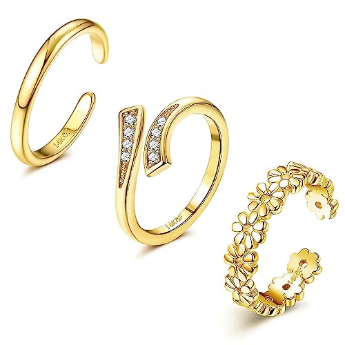 Jstyle 3PCS 14K Gold Filled Toe Rings for Women Adjustable Silver Gold Toe Ring Set Cute Opal CZ Daisy Flower Toe Rings Open Band Hawaiian Beach Summer Foot Jewelry for Women Gold B