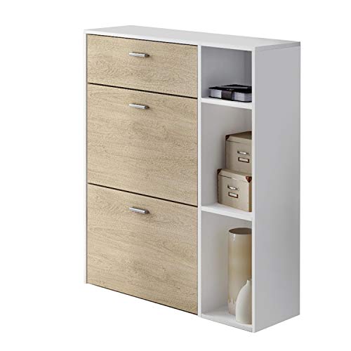 SelectionHome - Armario Zapatero, color estructura Blanca, color Puccini en las 2 puertas basculantes y el cajón, modelo Wind, medidas:  90 cm (ancho) x 101.5 cm (alto) x 26 cm (fondo)