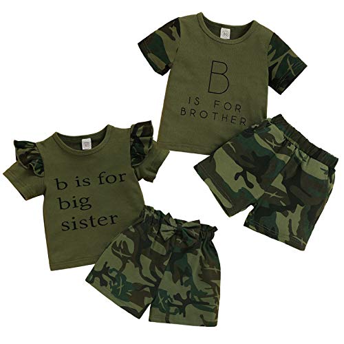 Baby Brother Sister Family Matching Outfits Newborn Boy Girl Ruffle T-Shirt Camouflage Shorts Clothing Set(Brother,1-2T)