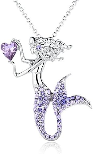 luomart Fashion Mermaid Birthstone Necklace Jewelry White Gold Plated Austrian Crystal Magic Pendant Gift (Amethyst)