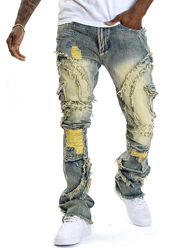 Mens Stacked Slim Fit Jeans Ripped Y2k Skinny Jeans Distressed Destroyed Stretch Hip Hop Straight Denim Pants