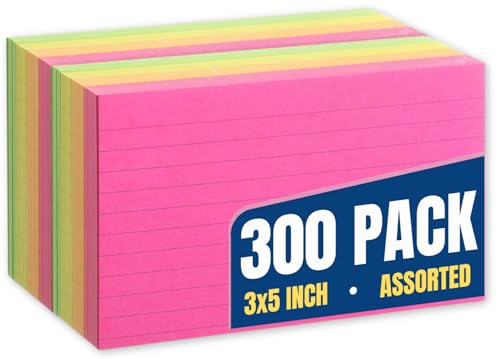 1InTheOffice Ruled Neon Index Cards, Index Cards 3x5 Assorted Neon Color, 300/Pack
