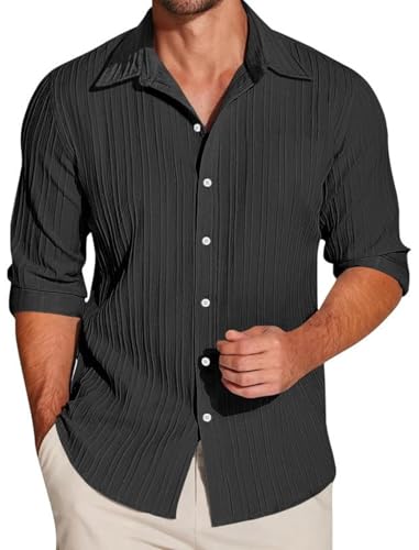 Image of Macsivo Men's Popcorn Shirt with Spread Collared Long Sleeve Button Down Closure Curved Hem Length | Linen Shirt for Man