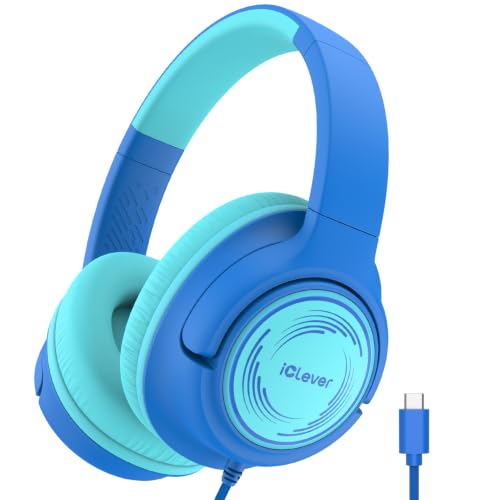 Image of iClever C371 USB C Kids Headphones with Cord for School Boys Girls Travel | SafeSound Tech3.0, Stereo Sound, Foldable, Durable Headband, Lightweight, Safe Wired Headphones for Kids, Ocean Blue